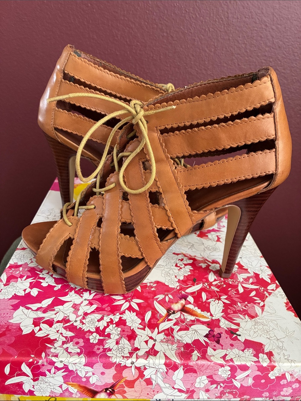 Chinese Laundry Tan Lace-Up Cutout Peep-Toe Heels
